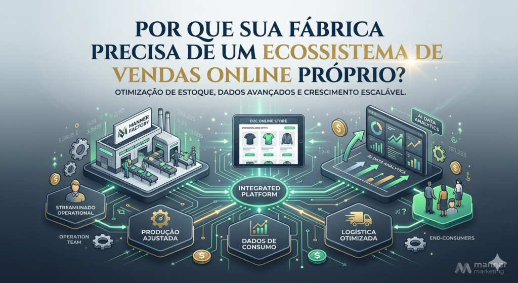 Infográfico de ecossistema de vendas online interligando fábrica de confecção, loja virtual D2C, gráficos analíticos e dados de consumo.