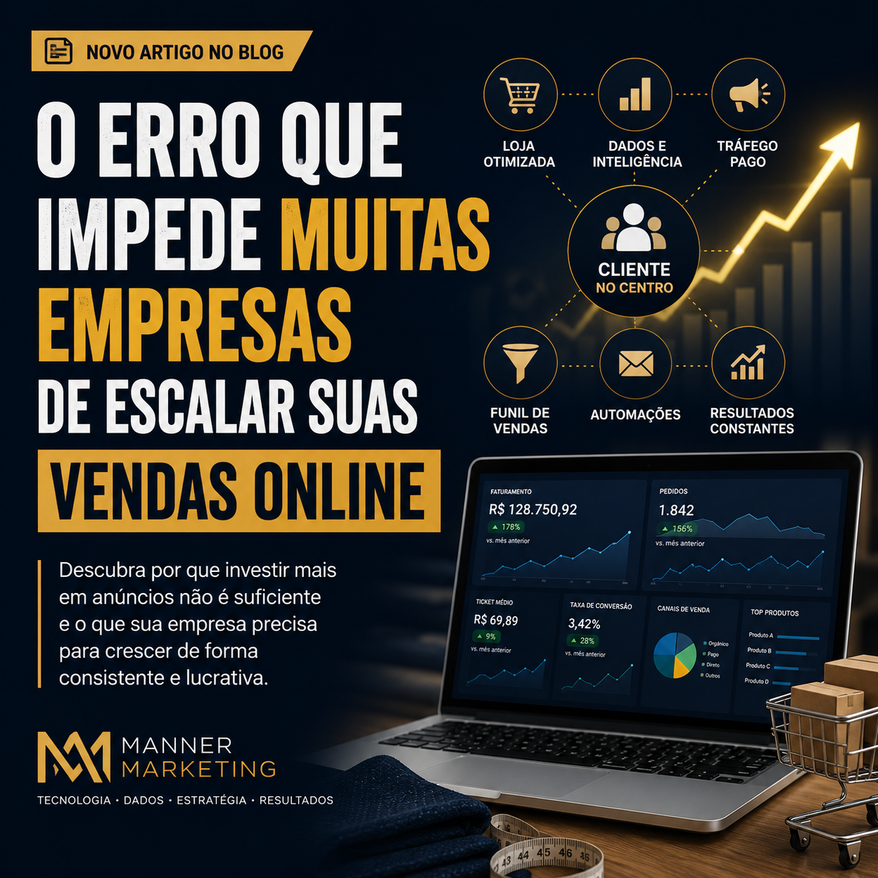 Empresário analisando painel de métricas de vendas online com dashboard de e-commerce. Arte da Manner Marketing sobre os erros que impedem empresas de escalar vendas online utilizando tráfego pago, inteligência de dados, Google Analytics 4, GTM Server-Side, funil de vendas escalável e automação de marketing.